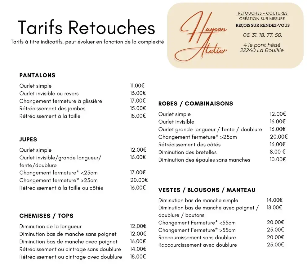 Tarifs retouches 2026